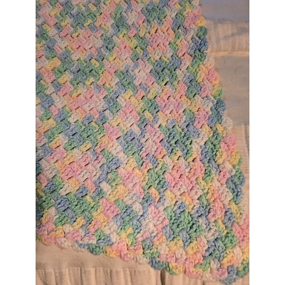Vintage Handmade Spring Pastel Pink Blue Crochet Throw Blanket